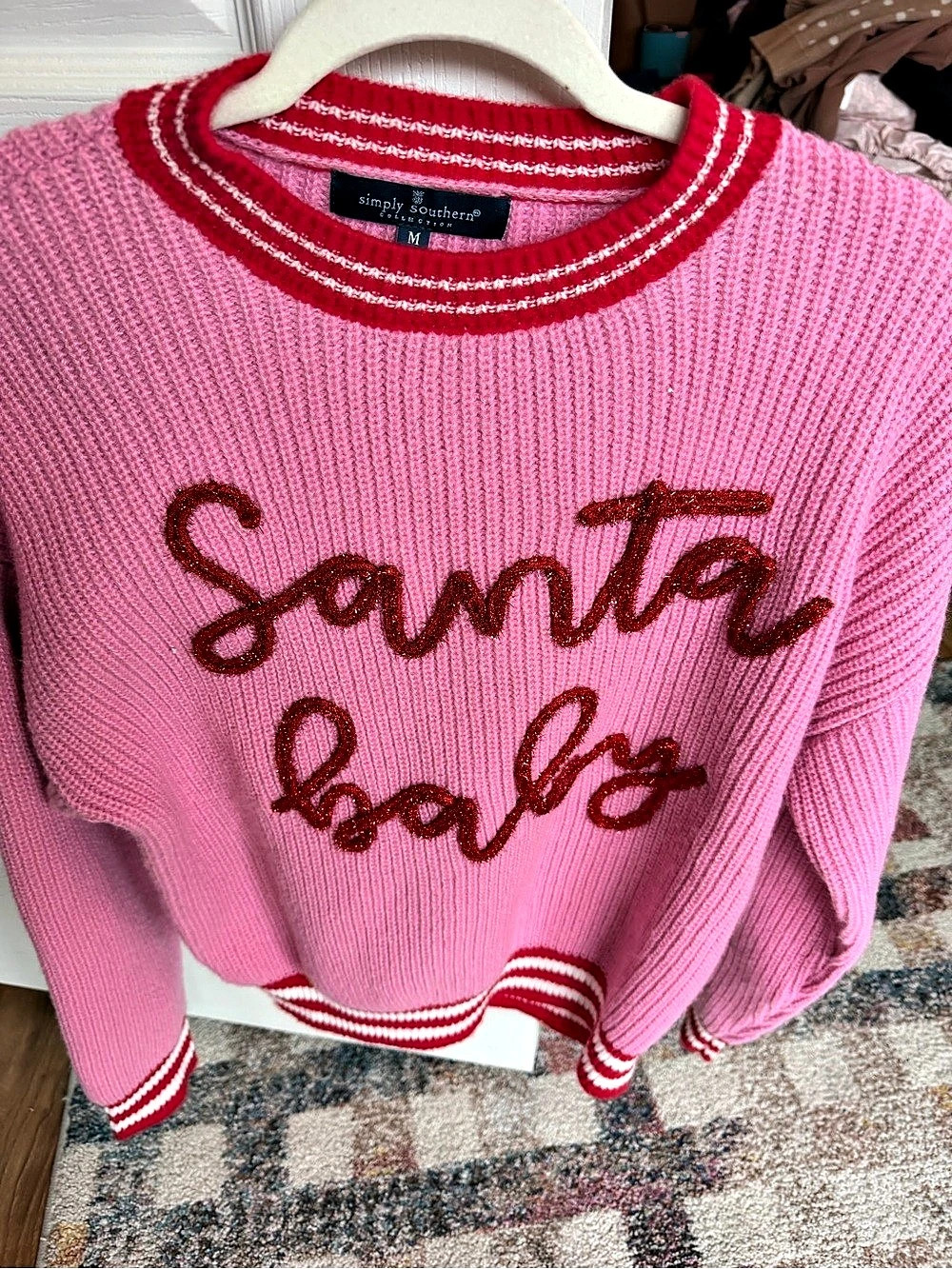 Simply Southern Santa Baby Sweater Pink & Red Medium - Picture 2 of 10